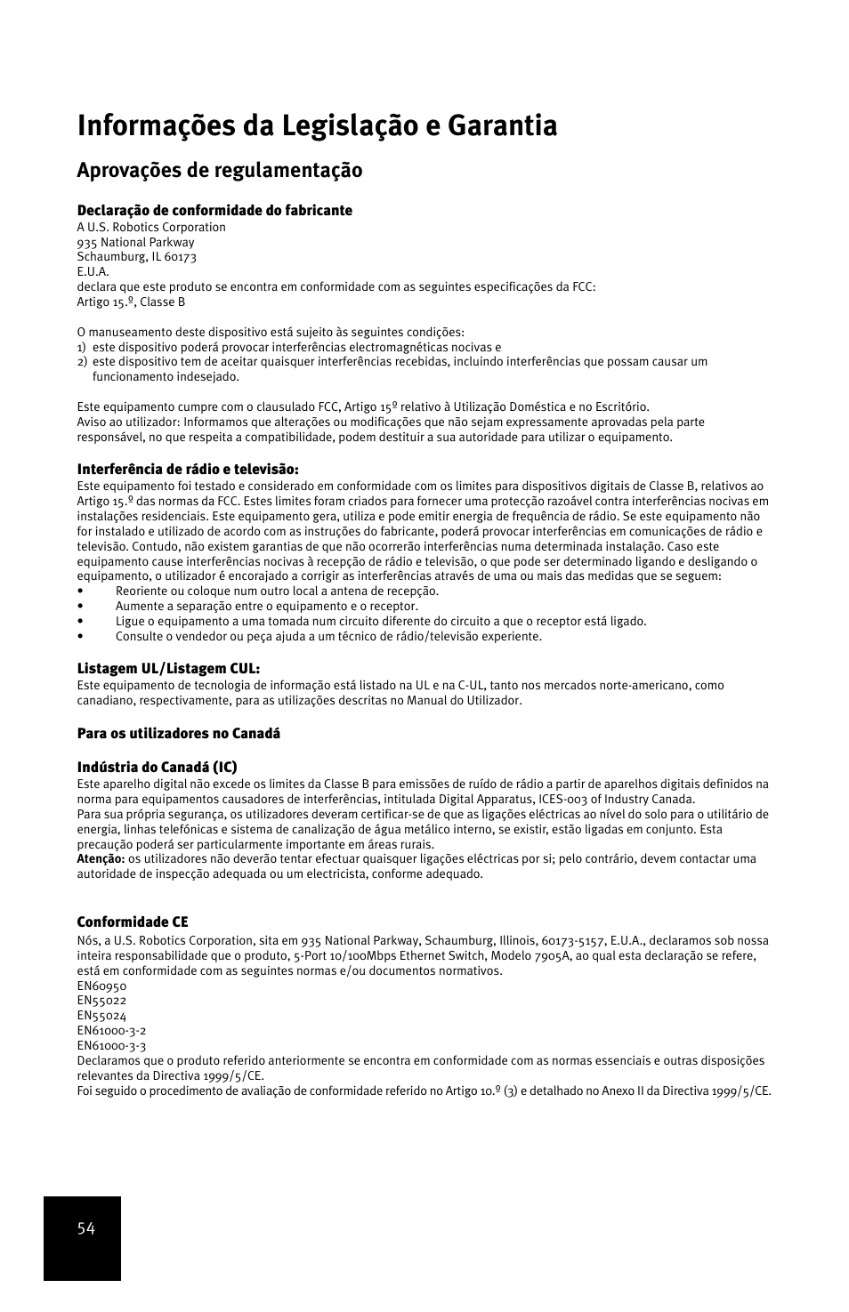 Informações da legislação e garantia, Aprovações de regulamentação | USRobotics 5-Port 10/100Mbps Ethernet Switch 7905A User Manual | Page 58 / 96