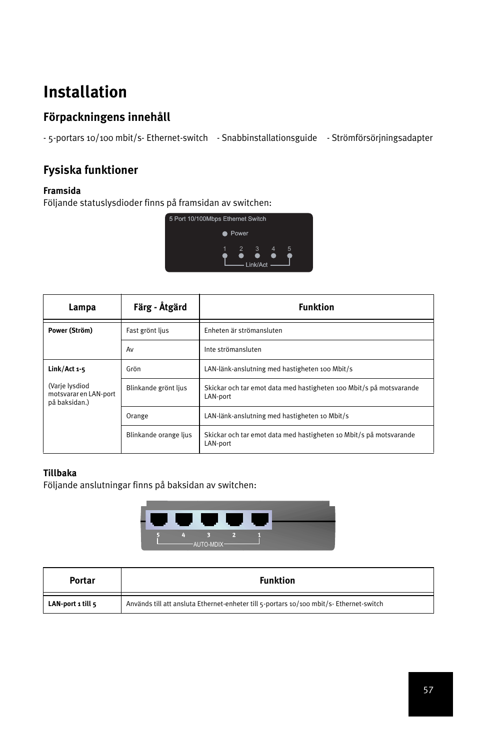 Svenska, Installation, Svenska installation | Förpackningens innehåll, Fysiska funktioner, Portar funktion | USRobotics 5-Port 10/100Mbps Ethernet Switch 7905A User Manual | Page 61 / 96