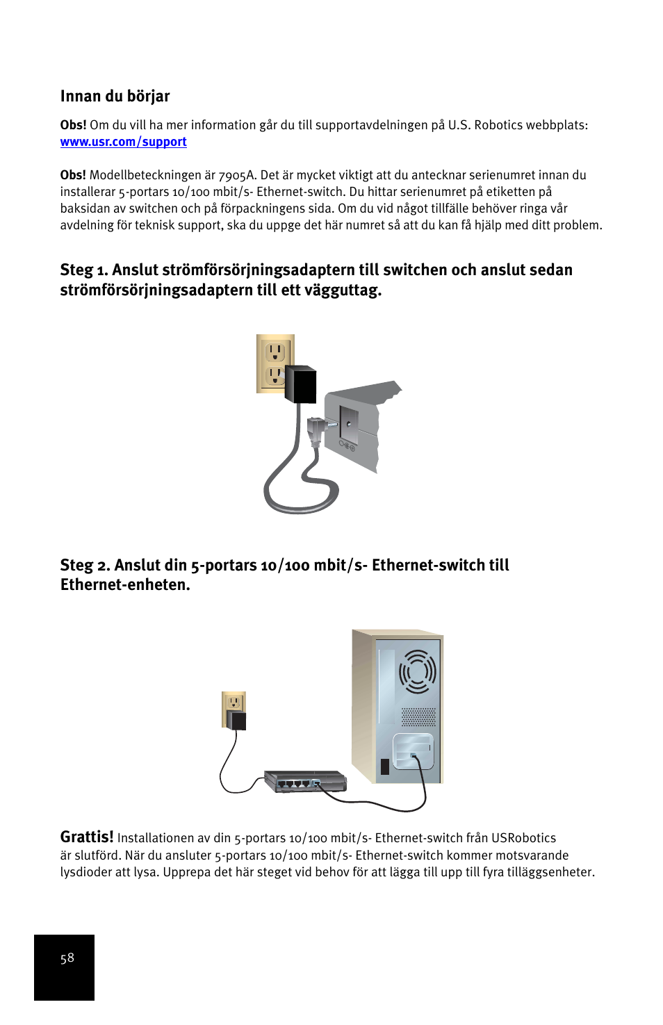 Innan du börjar | USRobotics 5-Port 10/100Mbps Ethernet Switch 7905A User Manual | Page 62 / 96