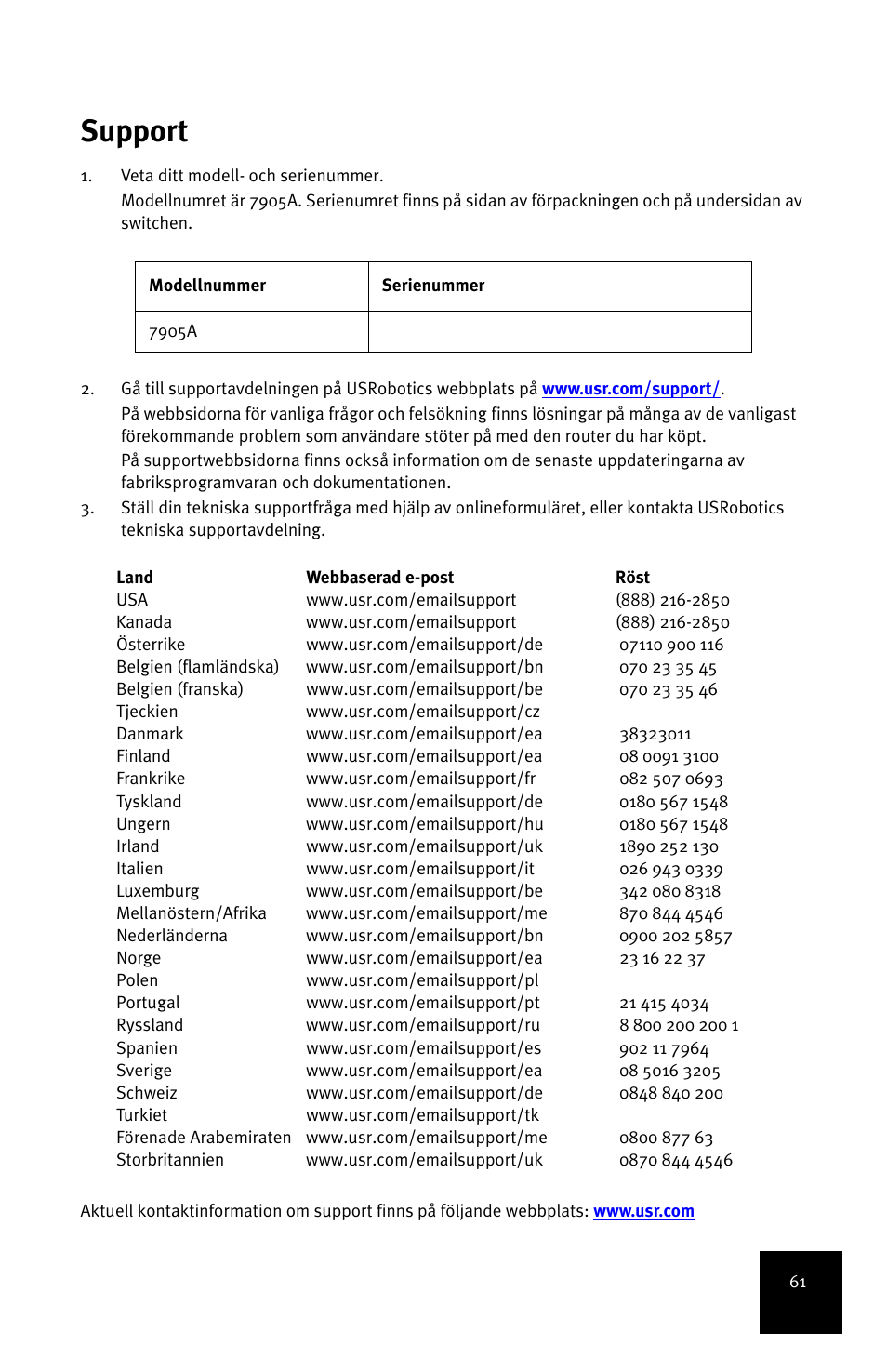 Support | USRobotics 5-Port 10/100Mbps Ethernet Switch 7905A User Manual | Page 65 / 96