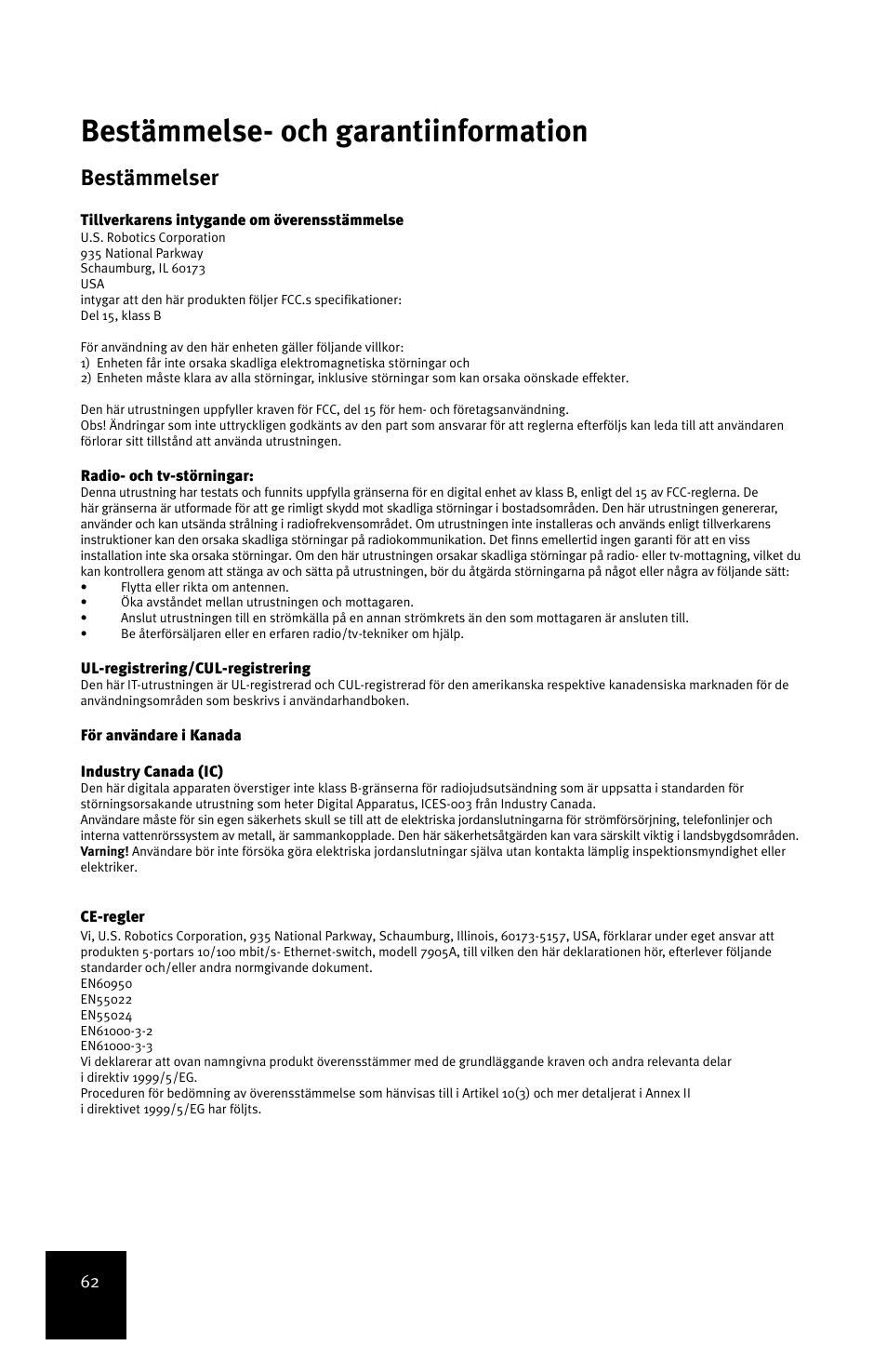 Bestämmelse- och garantiinformation, Bestämmelser | USRobotics 5-Port 10/100Mbps Ethernet Switch 7905A User Manual | Page 66 / 96