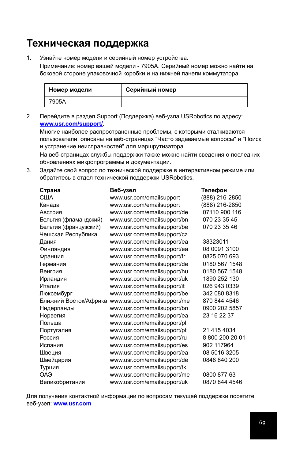 Техническая поддержка | USRobotics 5-Port 10/100Mbps Ethernet Switch 7905A User Manual | Page 73 / 96