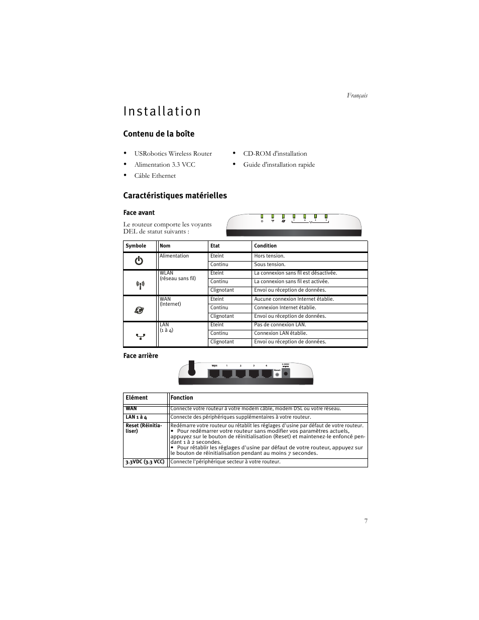 Français, Installation, F r a n ç a i s | I n s t a l l a t i o n, Contenu de la boîte caractéristiques matérielles | USRobotics US ROBOTICS WIRELESS ROUTER 5466 User Manual | Page 11 / 56