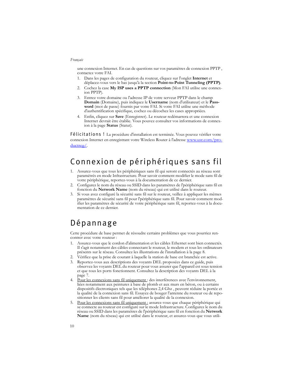 Connexion de périphériques sans fil, Dépannage | USRobotics US ROBOTICS WIRELESS ROUTER 5466 User Manual | Page 14 / 56