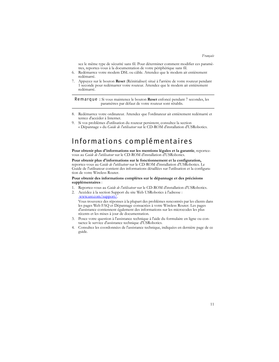 Informations complémentaires | USRobotics US ROBOTICS WIRELESS ROUTER 5466 User Manual | Page 15 / 56