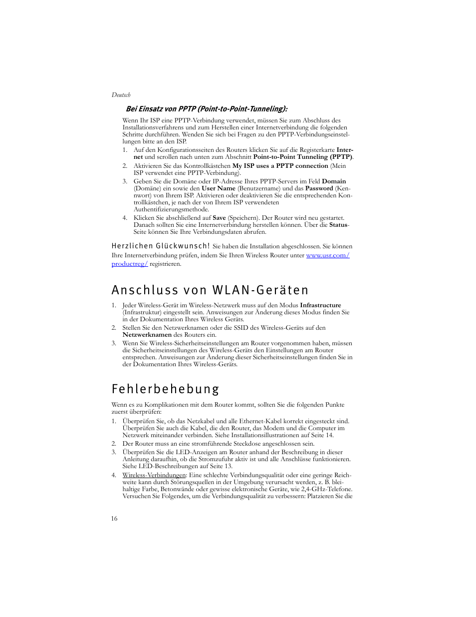 Anschluss von wlan-geräten, Fehlerbehebung | USRobotics US ROBOTICS WIRELESS ROUTER 5466 User Manual | Page 20 / 56