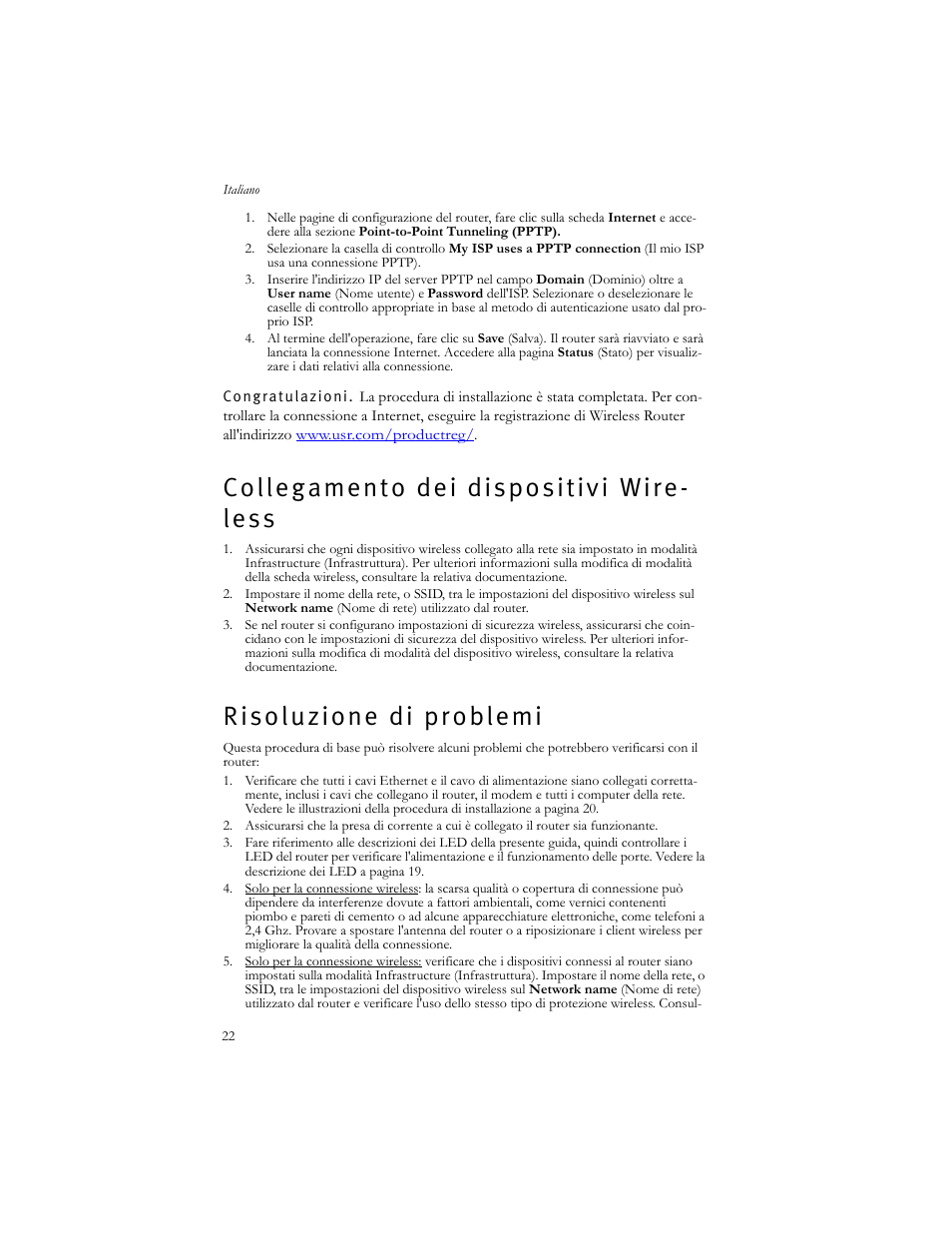 Collegamento dei dispositivi wireless, Risoluzione di problemi | USRobotics US ROBOTICS WIRELESS ROUTER 5466 User Manual | Page 26 / 56