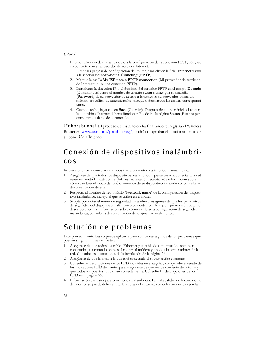 Conexión de dispositivos inalámbricos, Solución de problemas | USRobotics US ROBOTICS WIRELESS ROUTER 5466 User Manual | Page 32 / 56