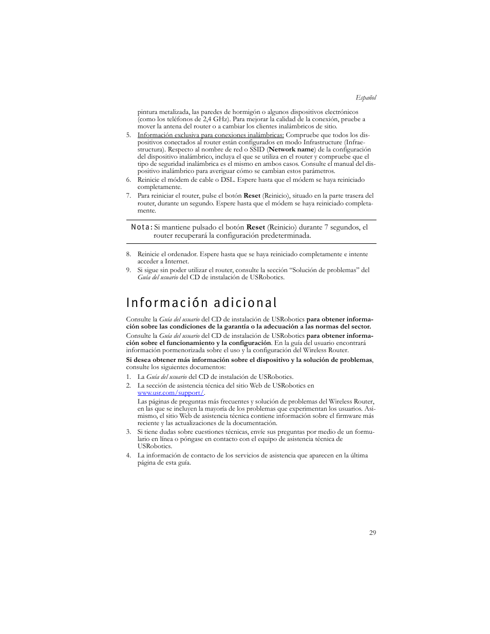 Información adicional, I n f o r m a c i ó n a d i c i o n a l | USRobotics US ROBOTICS WIRELESS ROUTER 5466 User Manual | Page 33 / 56