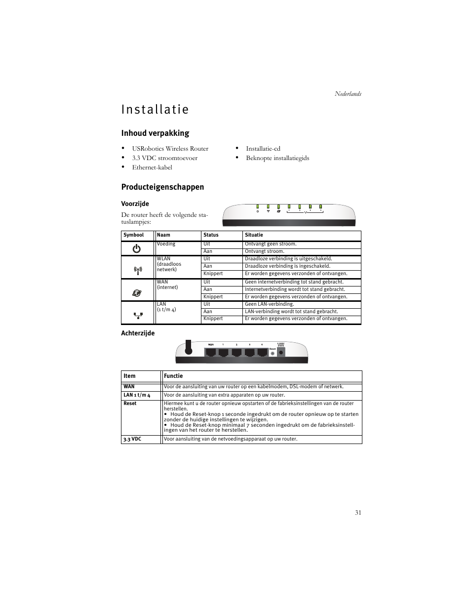 Nederlands, Installatie, N e d e r l a n d s | I n s t a l l a t i e, Inhoud verpakking producteigenschappen | USRobotics US ROBOTICS WIRELESS ROUTER 5466 User Manual | Page 35 / 56