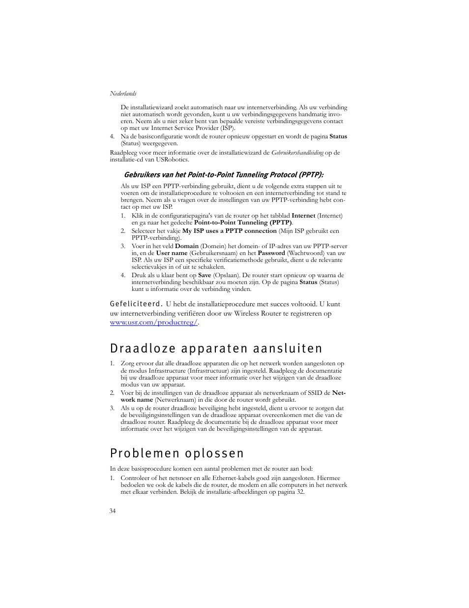 Draadloze apparaten aansluiten, Problemen oplossen | USRobotics US ROBOTICS WIRELESS ROUTER 5466 User Manual | Page 38 / 56