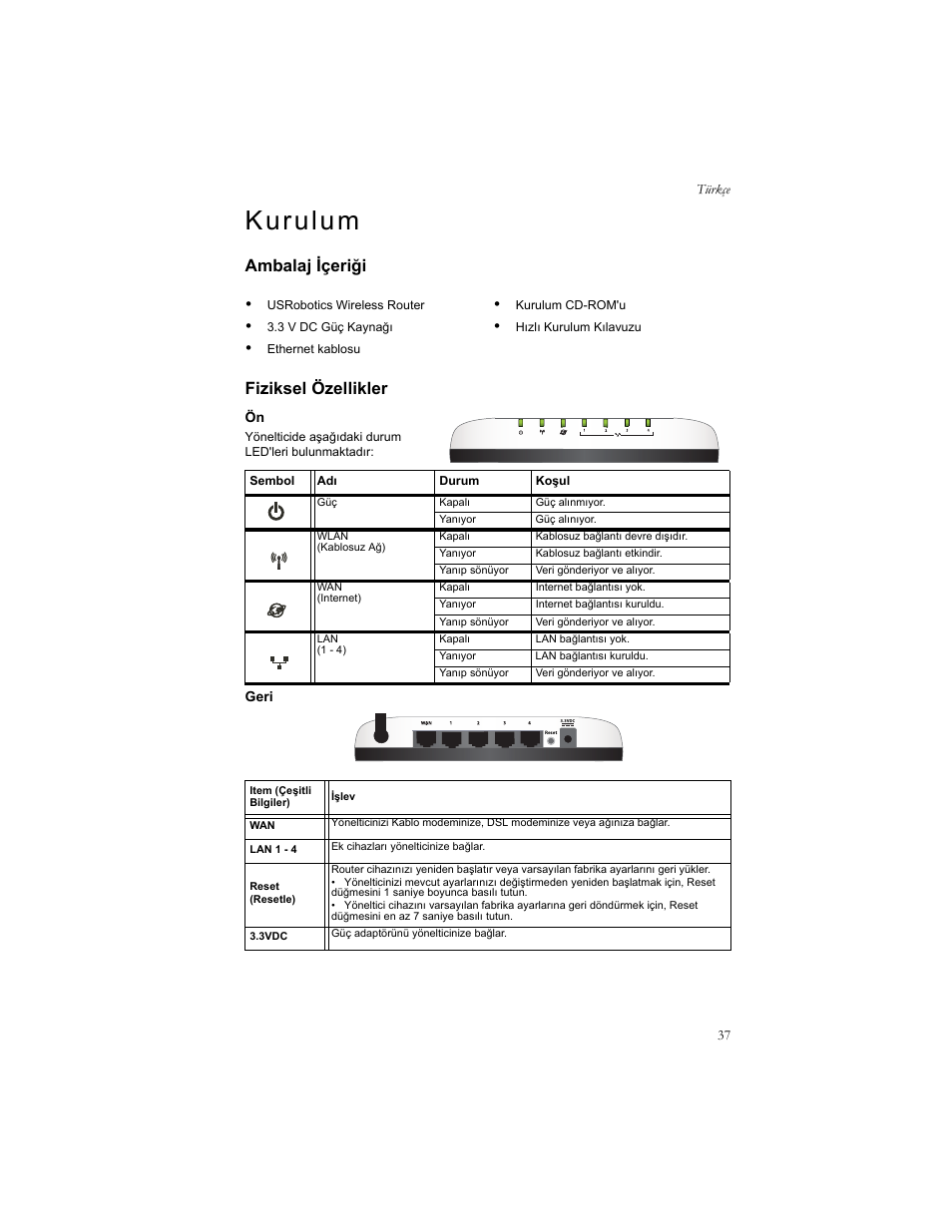 Türkçe, Kurulum, T ü r k ç e | Kuru, Ambalaj içeriği fiziksel özellikler | USRobotics US ROBOTICS WIRELESS ROUTER 5466 User Manual | Page 41 / 56