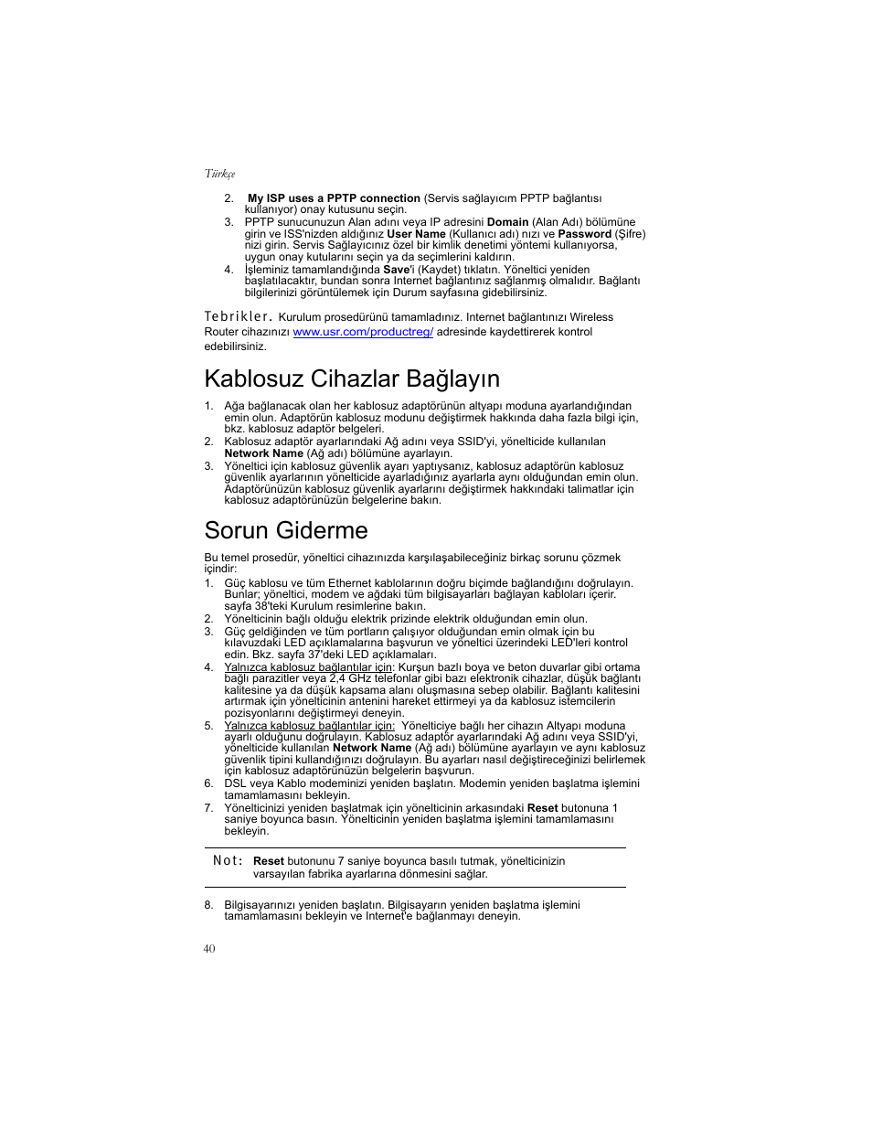 Kablosuz cihazlar bağlayın, Sorun giderme, Kablosuz cihazlar bağlayõn sorun giderme | Kablosuz cihazlar bağlayõn | USRobotics US ROBOTICS WIRELESS ROUTER 5466 User Manual | Page 44 / 56