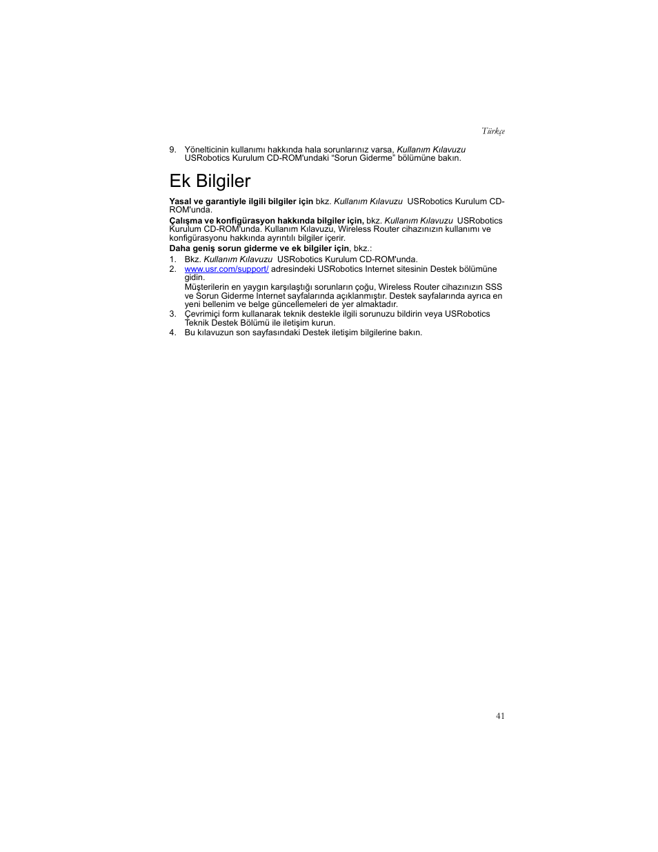 Ek bilgiler | USRobotics US ROBOTICS WIRELESS ROUTER 5466 User Manual | Page 45 / 56