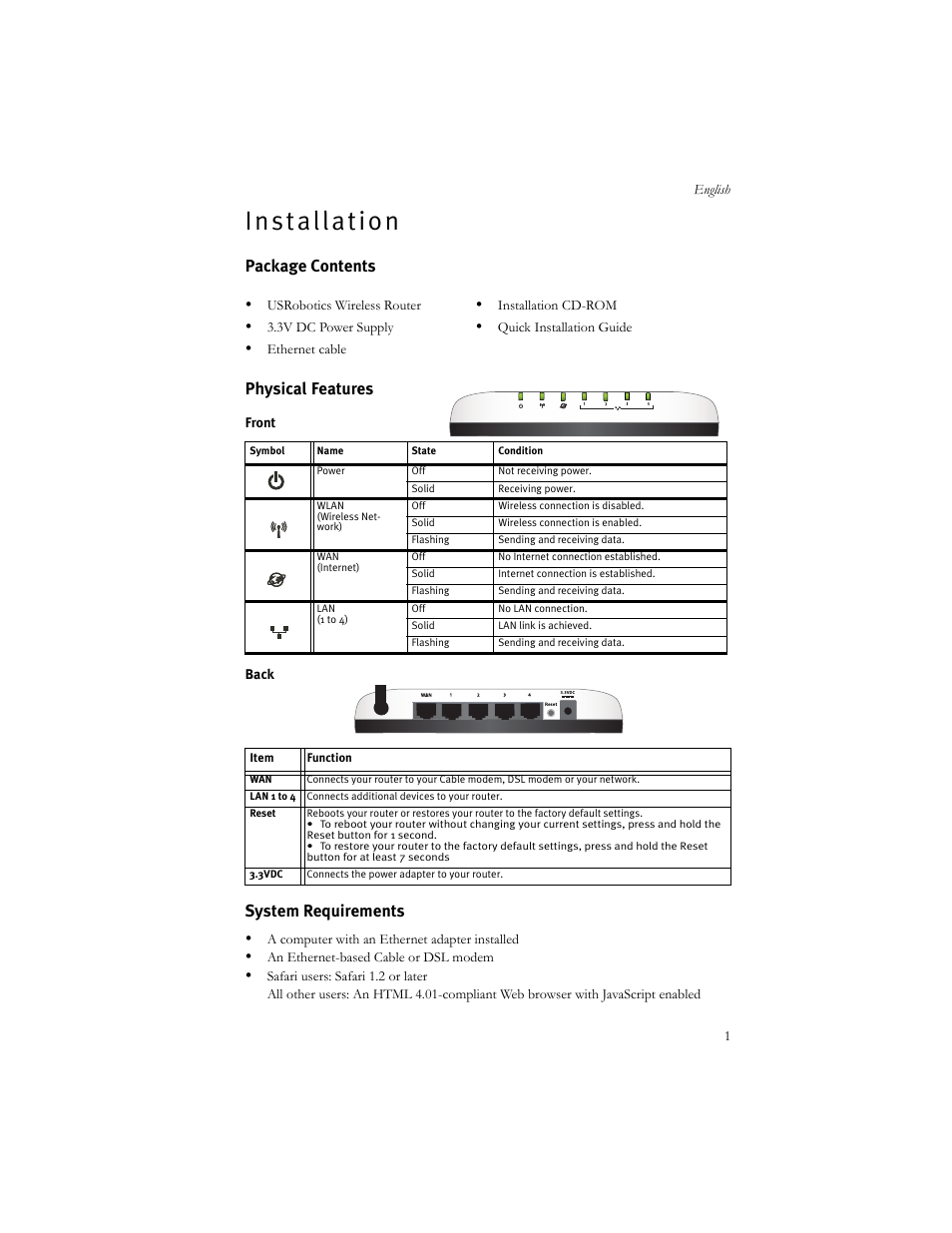 English, Installation, E n g l i s h | I n s t a l l a t i o n, Package contents physical features, System requirements | USRobotics US ROBOTICS WIRELESS ROUTER 5466 User Manual | Page 5 / 56