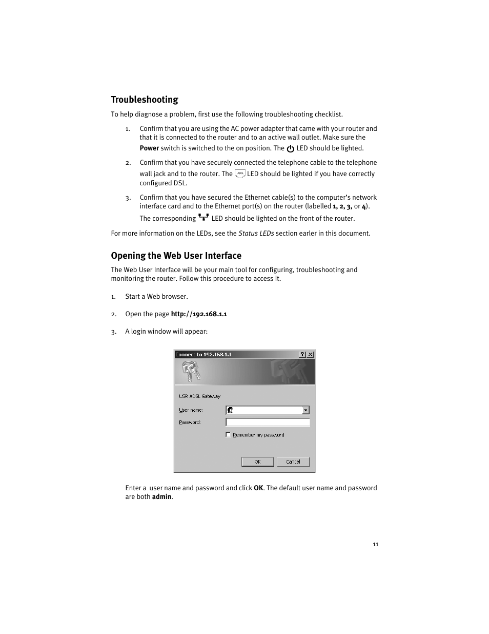 Troubleshooting, Opening the web user interface | USRobotics ADSL 4-Port Router User Manual | Page 13 / 120