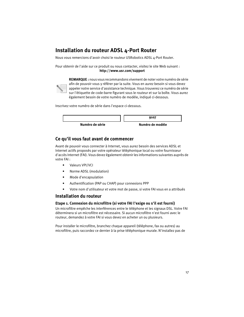 Installation du routeur adsl 4-port router | USRobotics ADSL 4-Port Router User Manual | Page 19 / 120