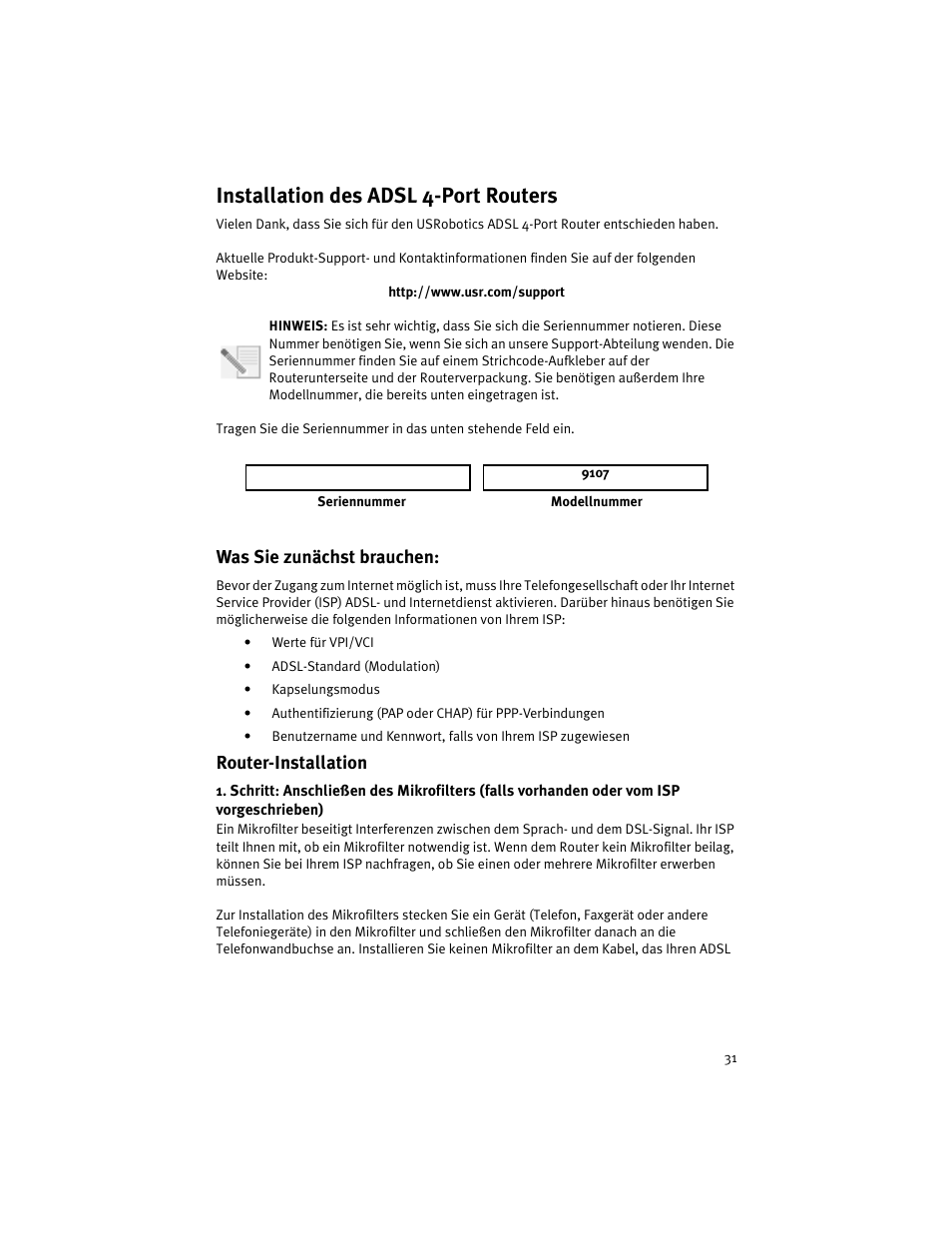 Installation des adsl 4-port routers | USRobotics ADSL 4-Port Router User Manual | Page 33 / 120