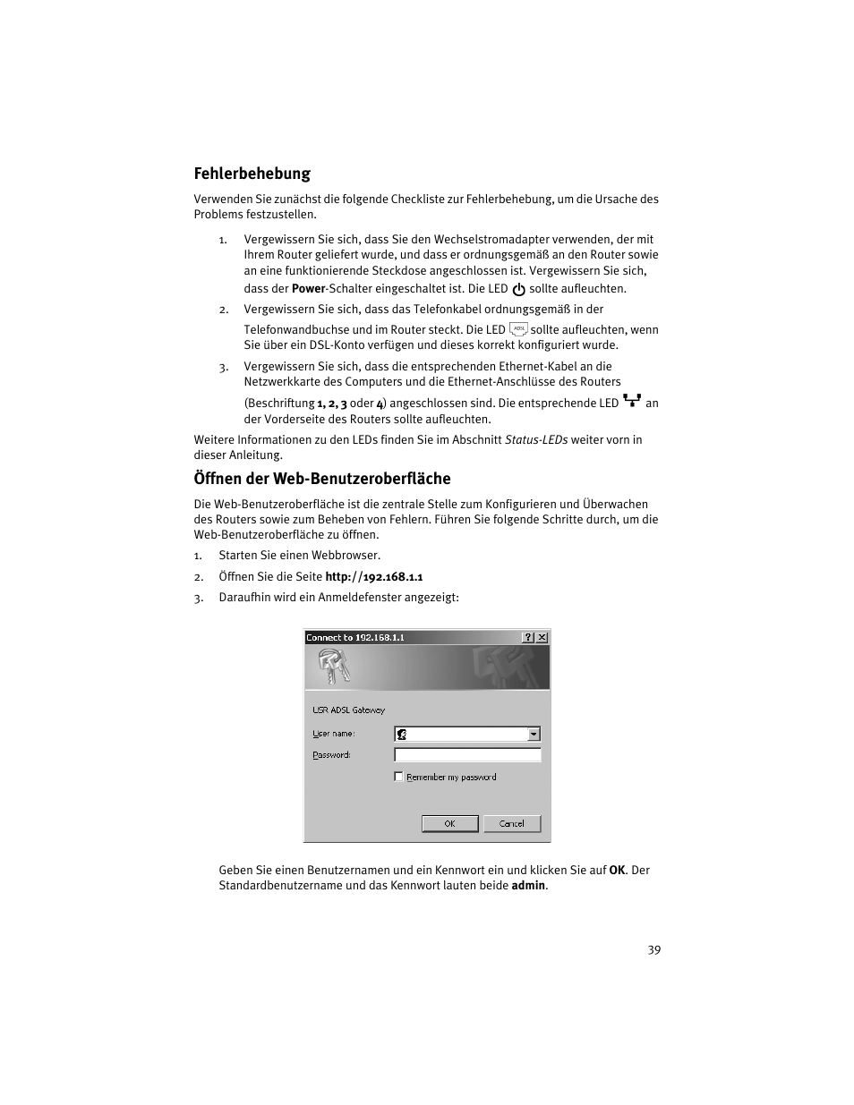 Fehlerbehebung, Öffnen der web-benutzeroberfläche | USRobotics ADSL 4-Port Router User Manual | Page 41 / 120