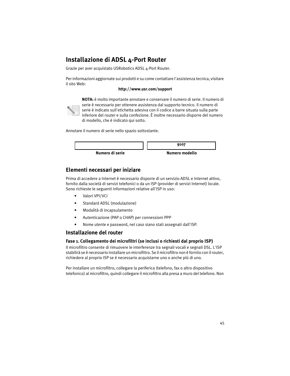 Installazione di adsl 4-port router | USRobotics ADSL 4-Port Router User Manual | Page 47 / 120