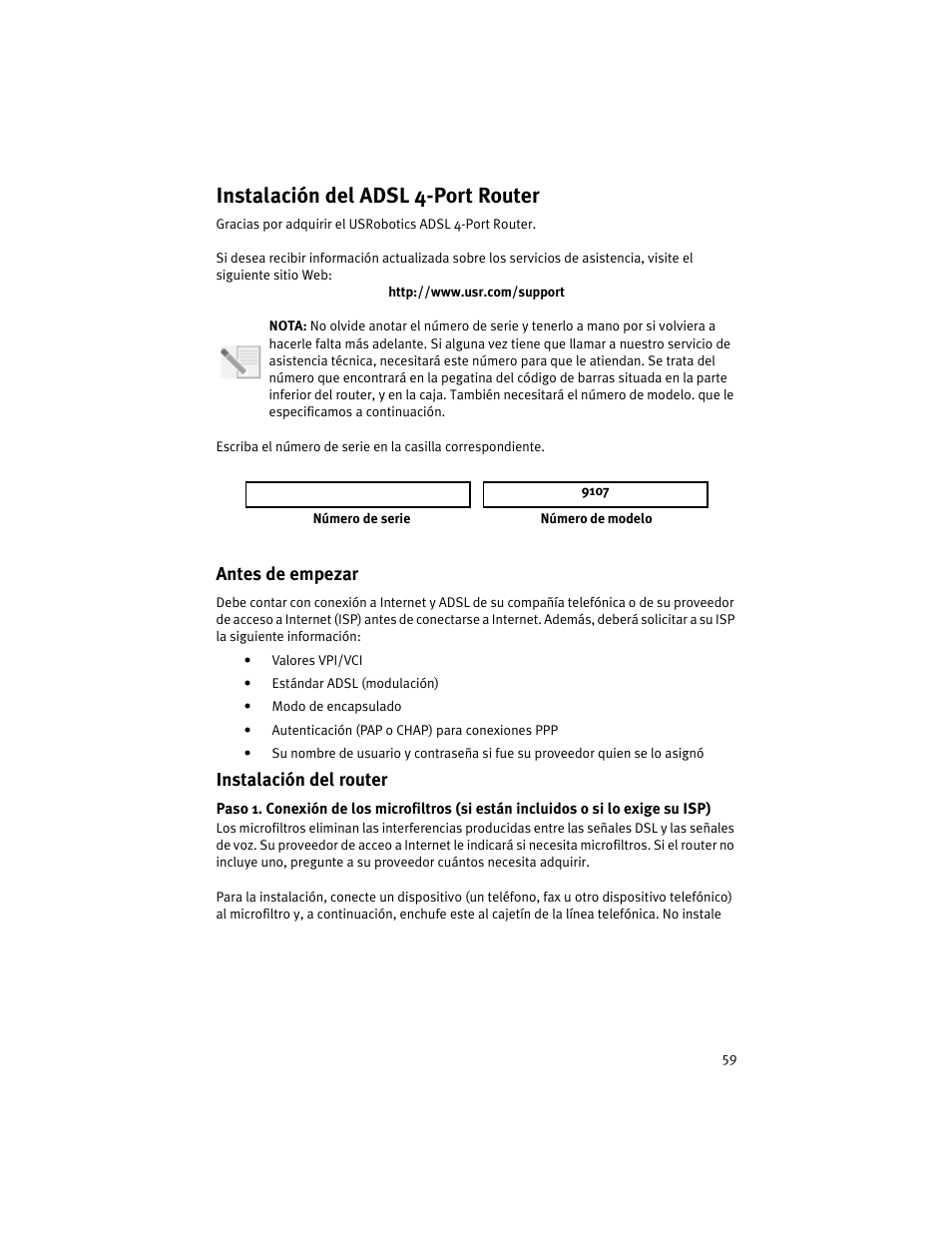 Instalación del adsl 4-port router | USRobotics ADSL 4-Port Router User Manual | Page 61 / 120