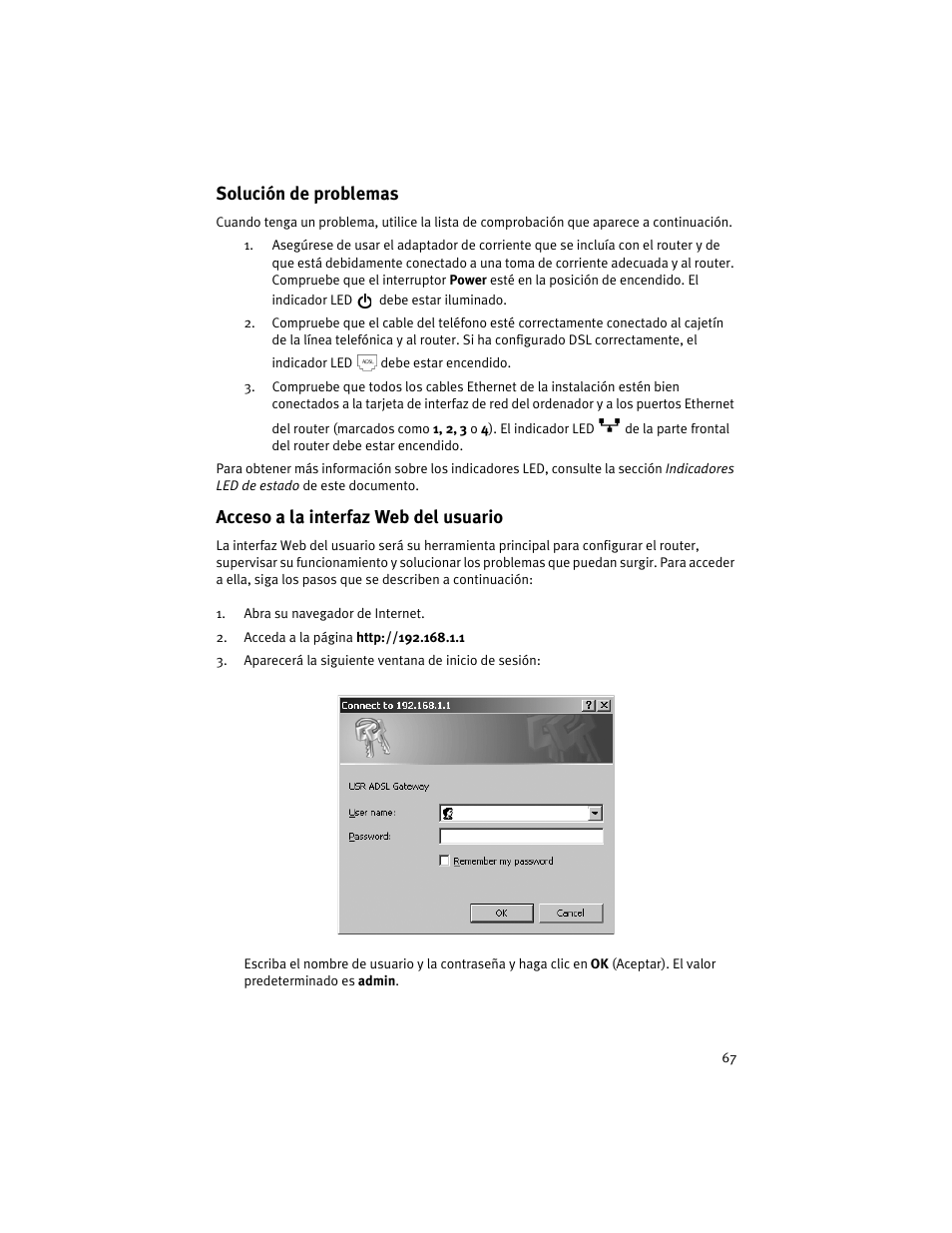Solución de problemas, Acceso a la interfaz web del usuario | USRobotics ADSL 4-Port Router User Manual | Page 69 / 120