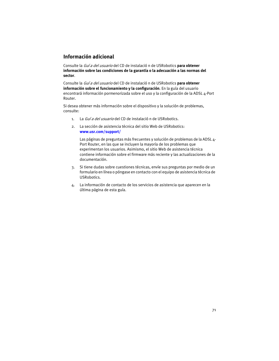 Información adicional | USRobotics ADSL 4-Port Router User Manual | Page 73 / 120