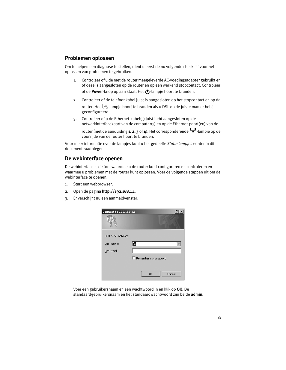 Problemen oplossen, De webinterface openen | USRobotics ADSL 4-Port Router User Manual | Page 83 / 120