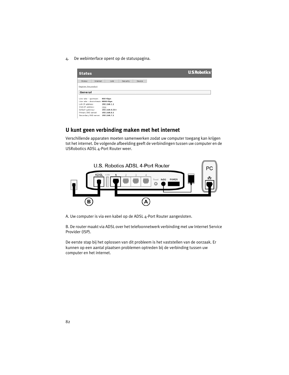 U kunt geen verbinding maken met het internet | USRobotics ADSL 4-Port Router User Manual | Page 84 / 120