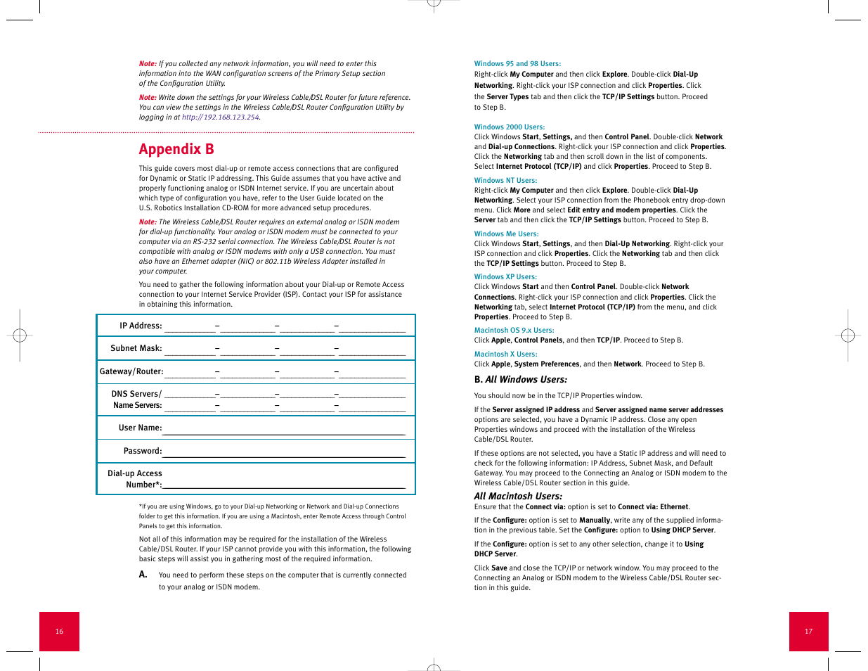 Appendix b | USRobotics Wireless Cable/DSL Router User Manual | Page 10 / 13