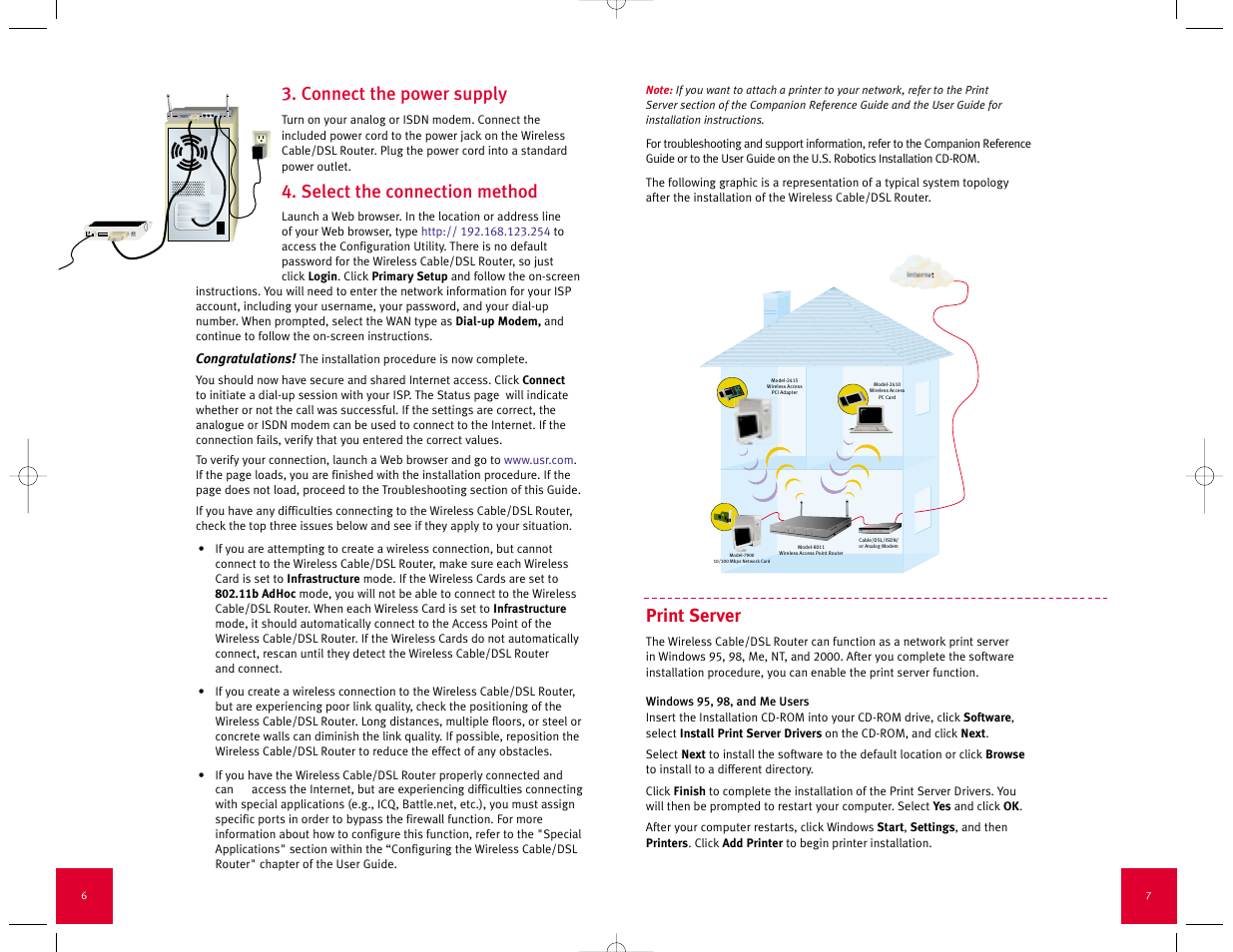 Connect the power supply, Select the connection method, Print server | USRobotics Wireless Cable/DSL Router User Manual | Page 5 / 13