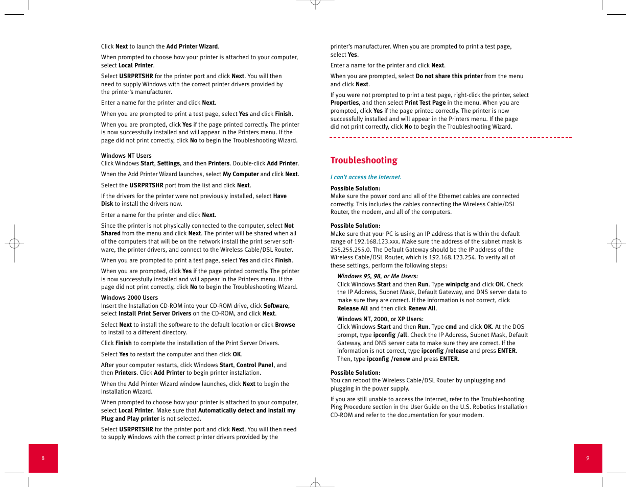 Troubleshooting | USRobotics Wireless Cable/DSL Router User Manual | Page 6 / 13