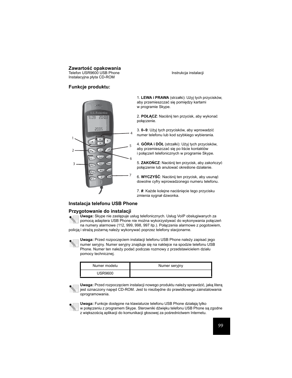 Funkcje produktu, Instalacja telefonu usb phone | USRobotics USR9600 User Manual | Page 102 / 139