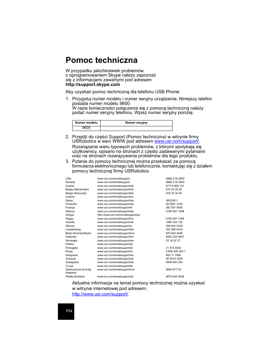 Pomoc techniczna | USRobotics USR9600 User Manual | Page 107 / 139