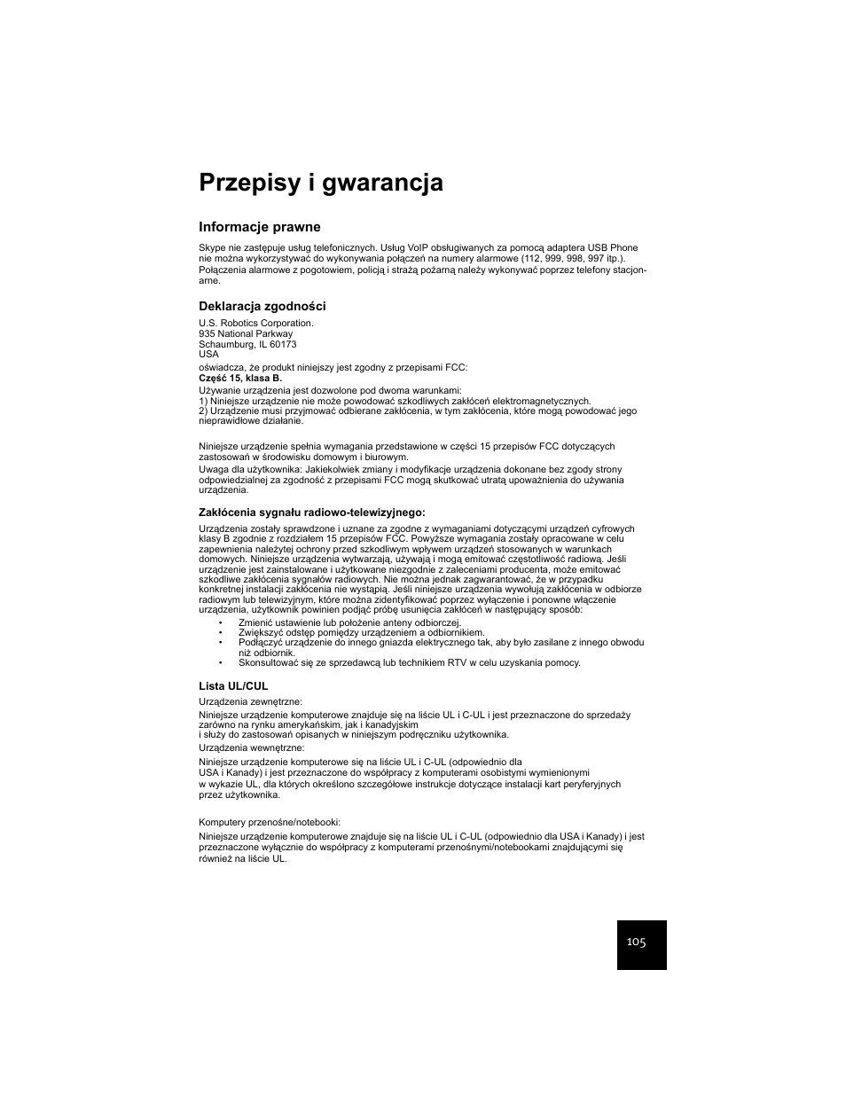 Przepisy i gwarancja, Informacje prawne | USRobotics USR9600 User Manual | Page 108 / 139