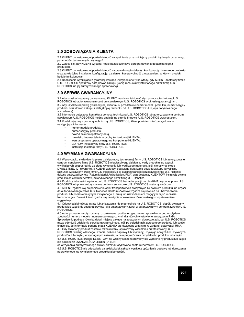 0 serwis gwarancyjny, 0 wymiana gwarancyjna | USRobotics USR9600 User Manual | Page 110 / 139