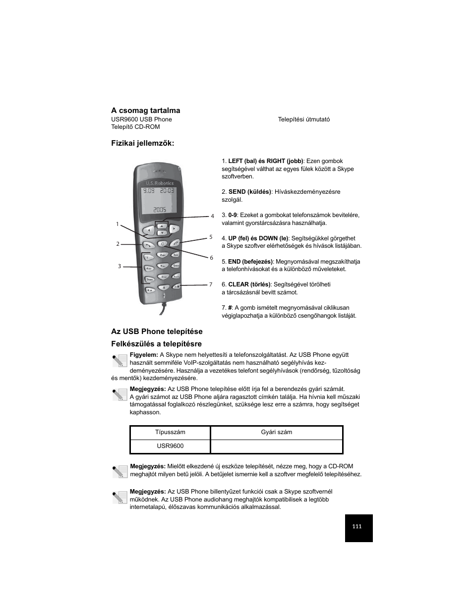 Fizikai jellemzők, Az usb phone telepítése | USRobotics USR9600 User Manual | Page 114 / 139