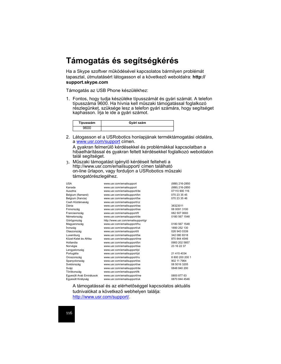 Támogatás és segítségkérés | USRobotics USR9600 User Manual | Page 119 / 139