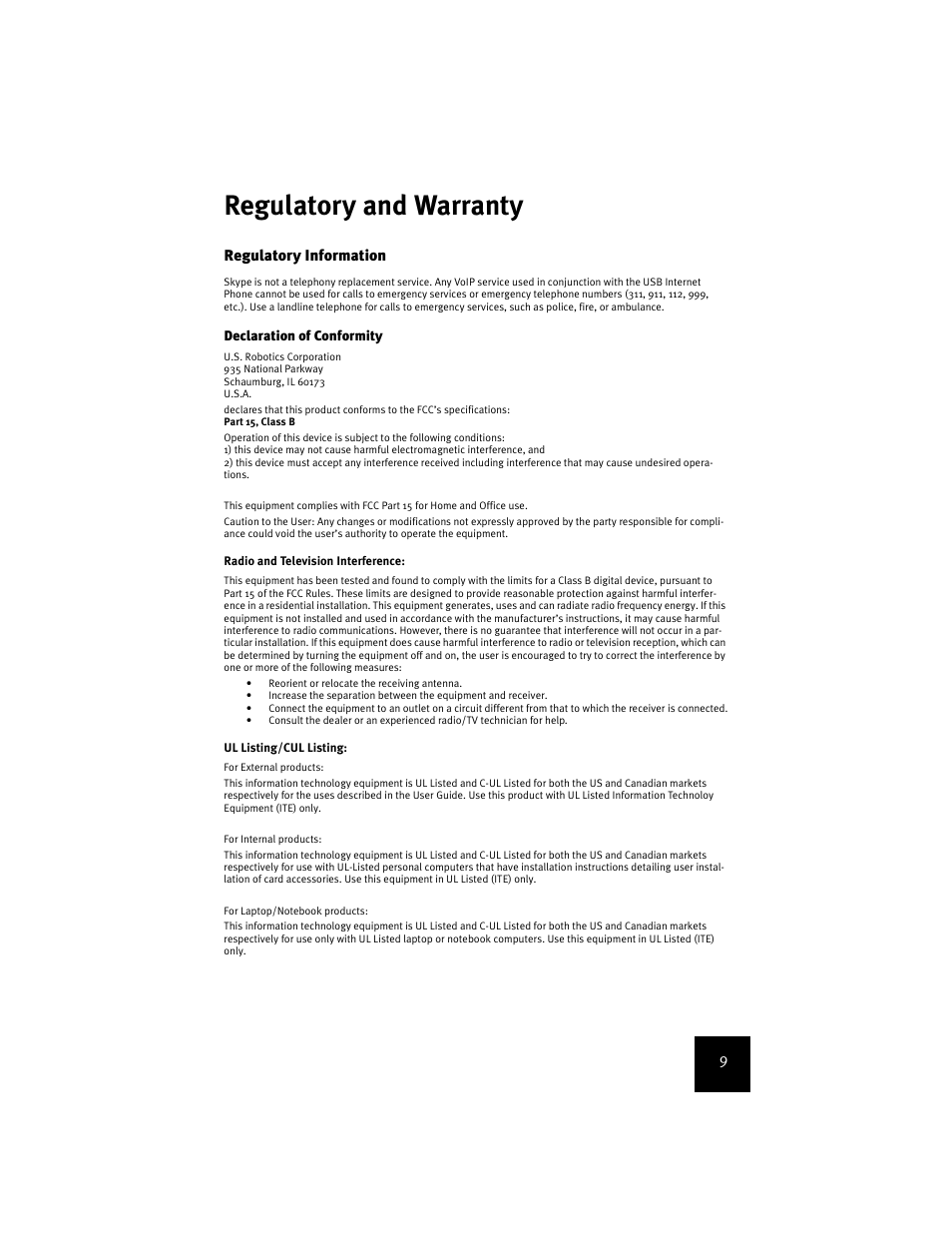 Regulatory and warranty, Regulatory information | USRobotics USR9600 User Manual | Page 12 / 139