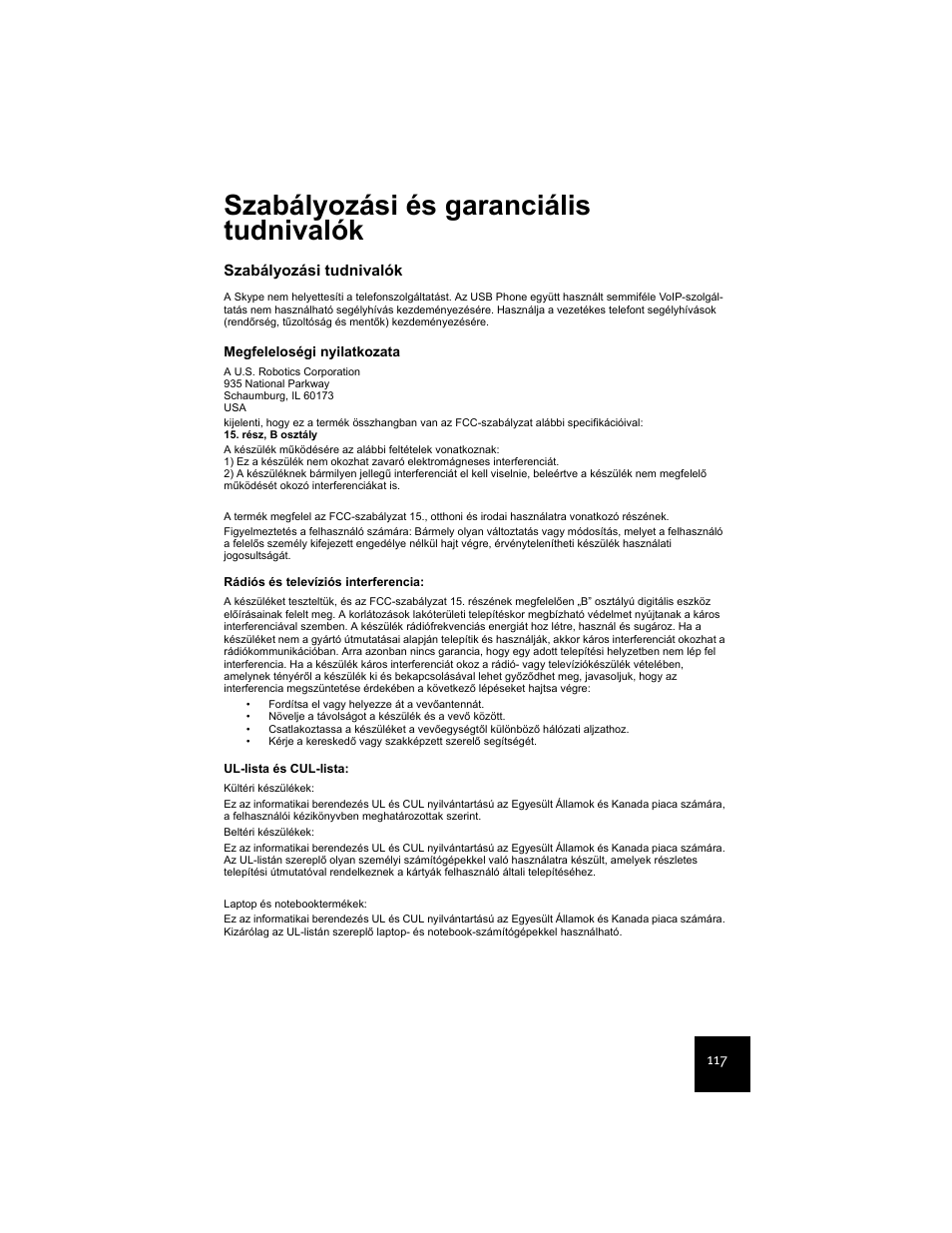 Szabályozási és garanciális tudnivalók | USRobotics USR9600 User Manual | Page 120 / 139