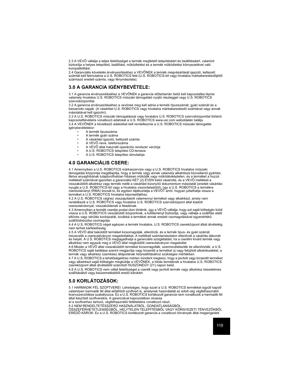 0 a garancia igénybevétele, 0 garanciális csere, 0 korlátozások | USRobotics USR9600 User Manual | Page 122 / 139