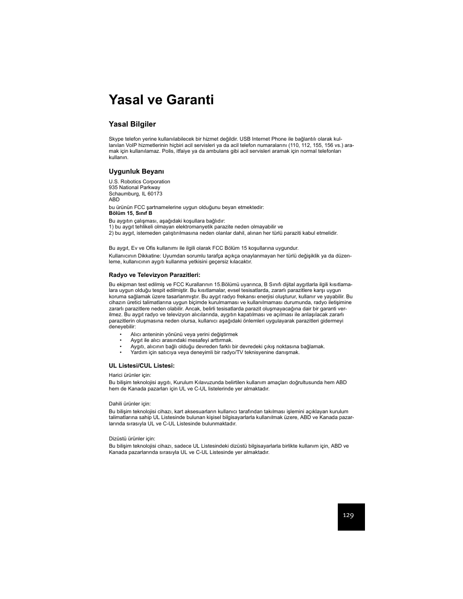 Yasal ve garanti | USRobotics USR9600 User Manual | Page 132 / 139