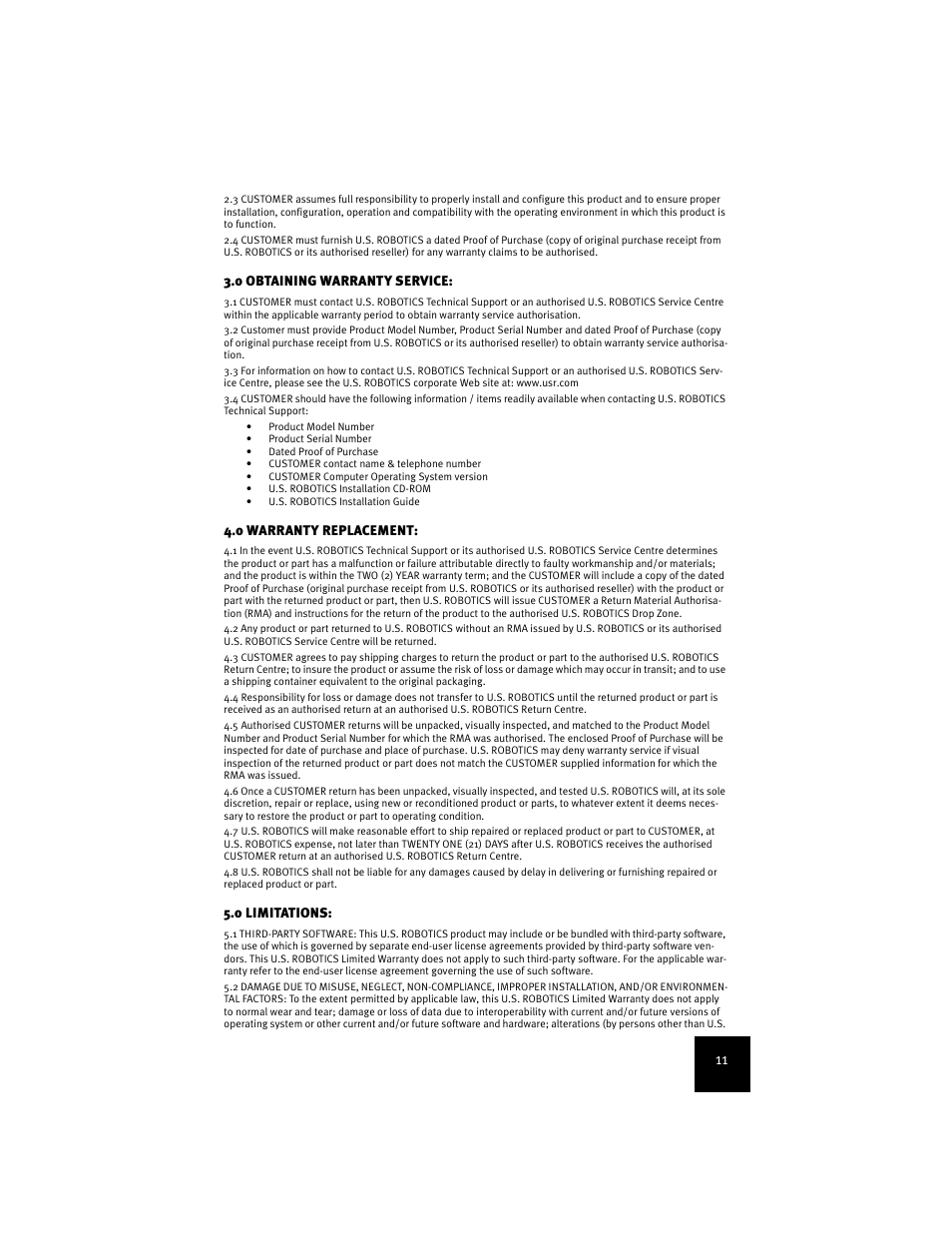 0 obtaining warranty service, 0 warranty replacement, 0 limitations | USRobotics USR9600 User Manual | Page 14 / 139