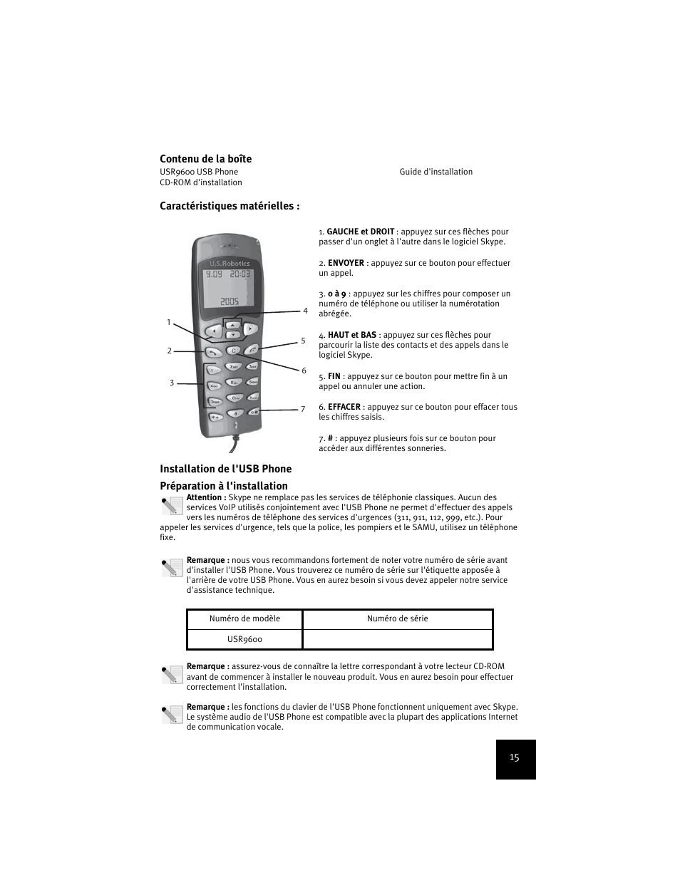 Caractéristiques matérielles, Installation de l'usb phone | USRobotics USR9600 User Manual | Page 18 / 139