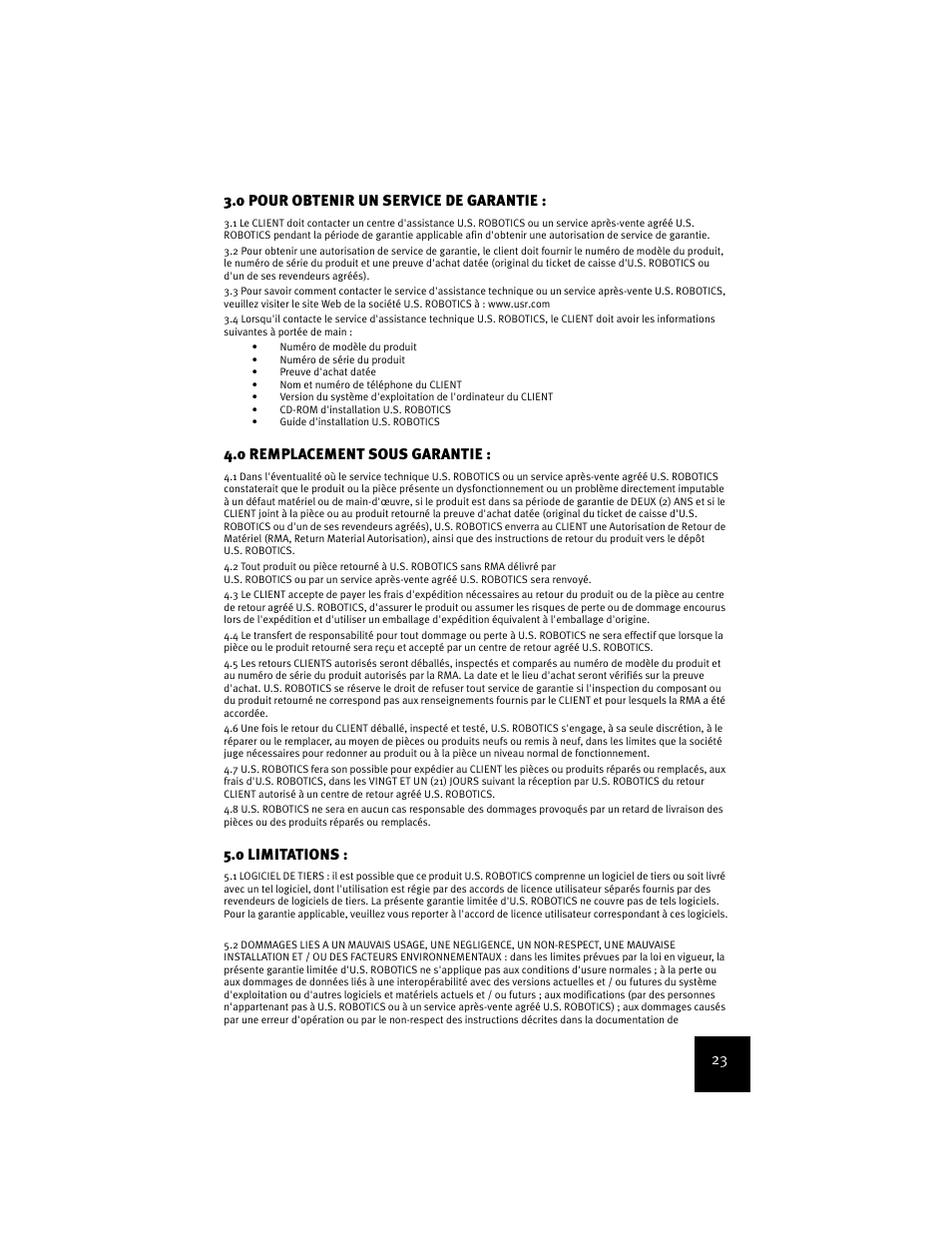 23 3.0 pour obtenir un service de garantie, 0 remplacement sous garantie, 0 limitations | USRobotics USR9600 User Manual | Page 26 / 139