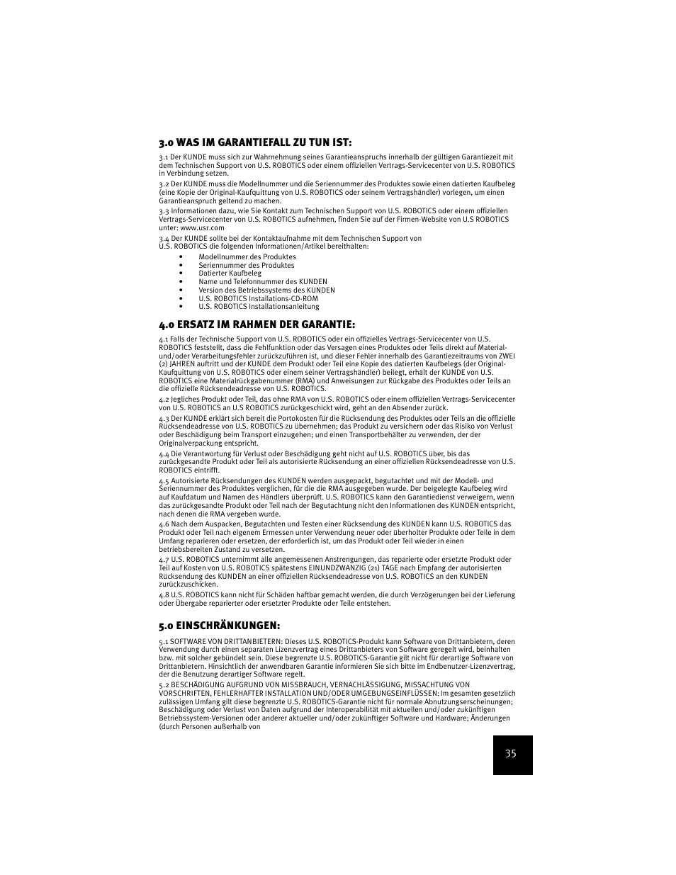 35 3.0 was im garantiefall zu tun ist, 0 ersatz im rahmen der garantie, 0 einschränkungen | USRobotics USR9600 User Manual | Page 38 / 139