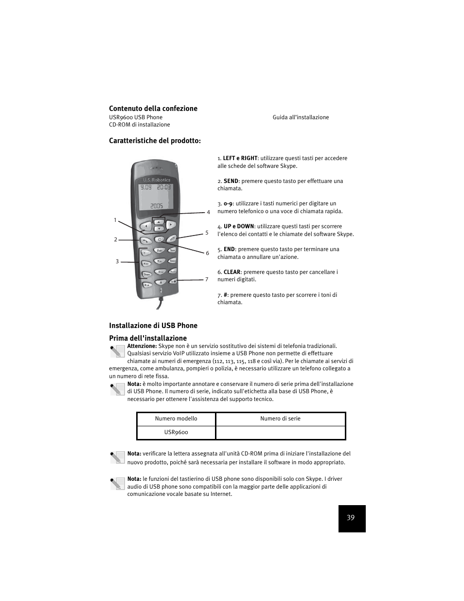 Caratteristiche del prodotto, Installazione di usb phone | USRobotics USR9600 User Manual | Page 42 / 139