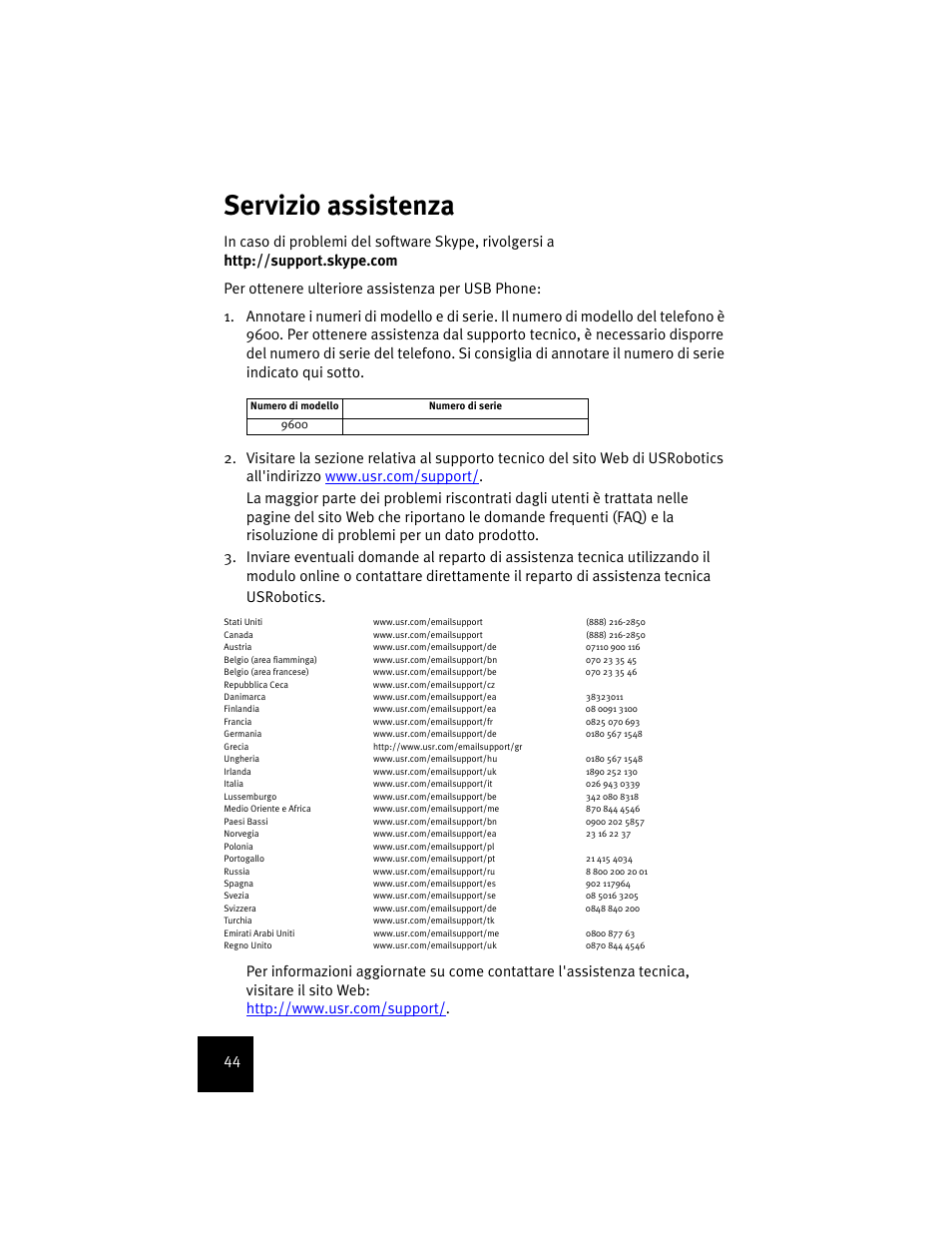 Servizio assistenza | USRobotics USR9600 User Manual | Page 47 / 139