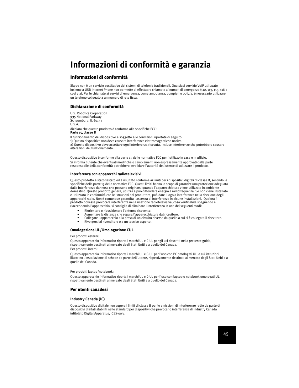 Informazioni di conformità e garanzia | USRobotics USR9600 User Manual | Page 48 / 139