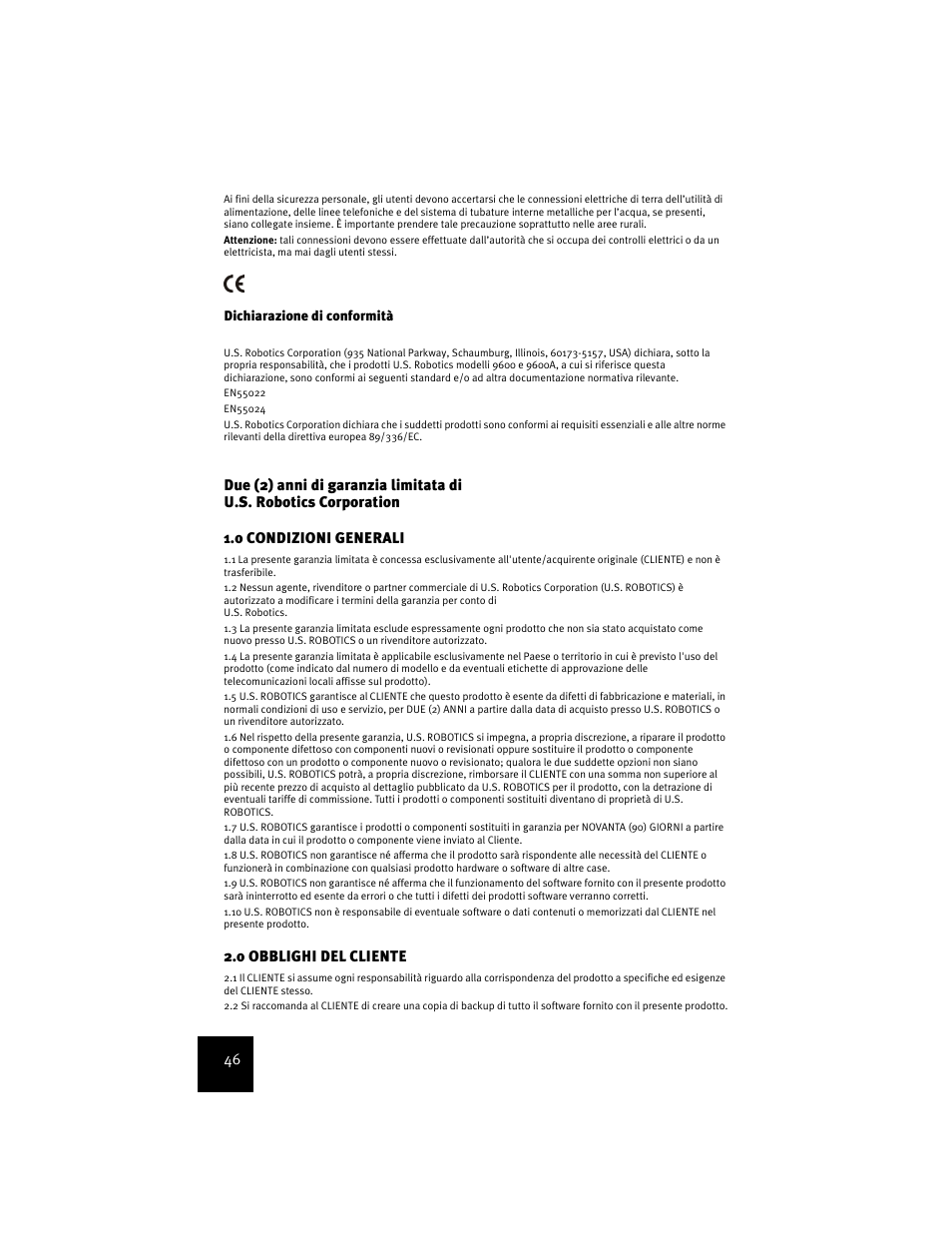 0 obblighi del cliente | USRobotics USR9600 User Manual | Page 49 / 139